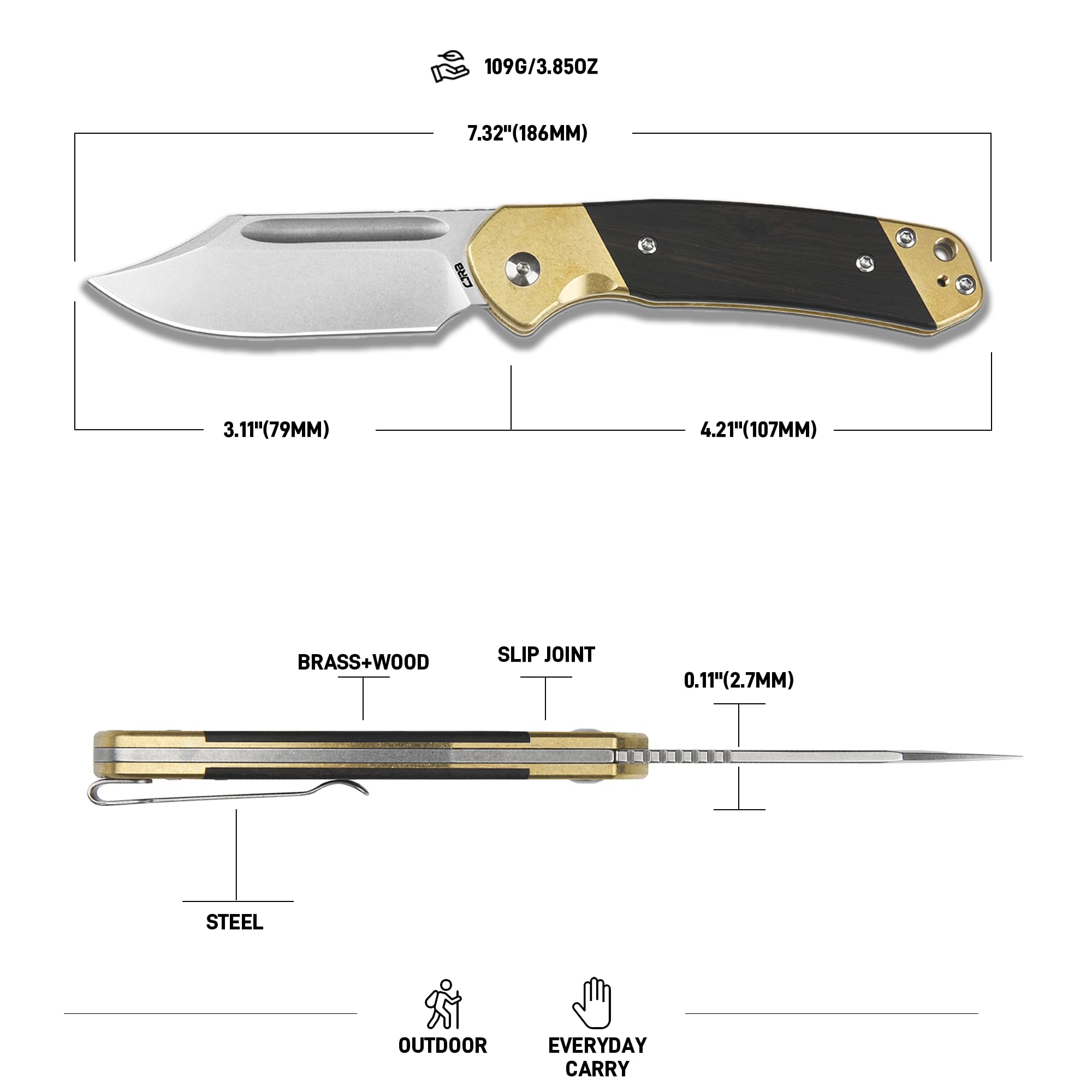 CJRB | Bowie Pyrite J1942SJ | AR-RPM9 Brass+Wood | Folding Knife