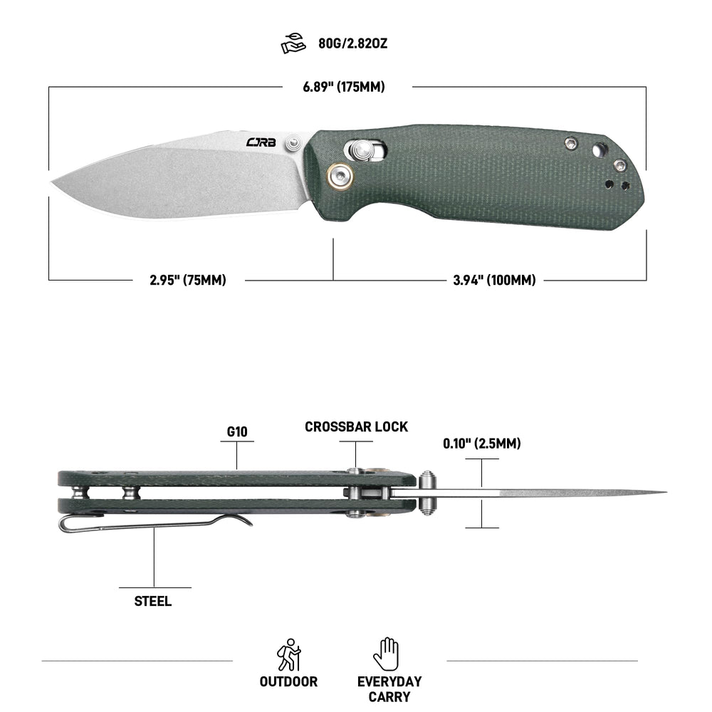 CJRB Maximal Crossbar Lock Knife Green Micarta Handle (2.95'' Stone Wash AR-RPM9 Blade) J1954-MGN