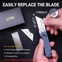 CJRB Boxer Button Lock Knife Blue G10 Handle (2.3'' Stone Wash Steel Blade) J1967-BU, with 10 pcs blades