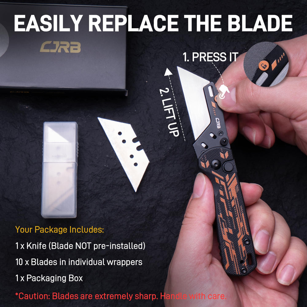 CJRB Boxer Button Lock Knife Black G10 Handle (2.3'' Stone Wash Steel Blade) J1967-BBK, with 10 pcs blades