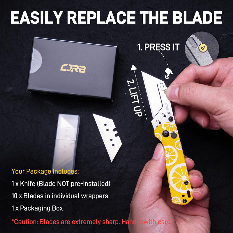 CJRB Boxer Button Lock Knife Yellow G10 Handle (2.3'' Stone Wash Steel Blade) J1967-LM, with 10 pcs blades