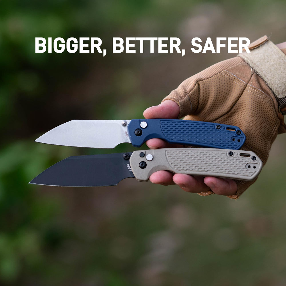 CJRB Large Pyrite-Light Button Lock with safety switch Knife Blue FRN Handle (3.7'' Black PVD Coating AR-RPM9 Blade) J1945L-BBU