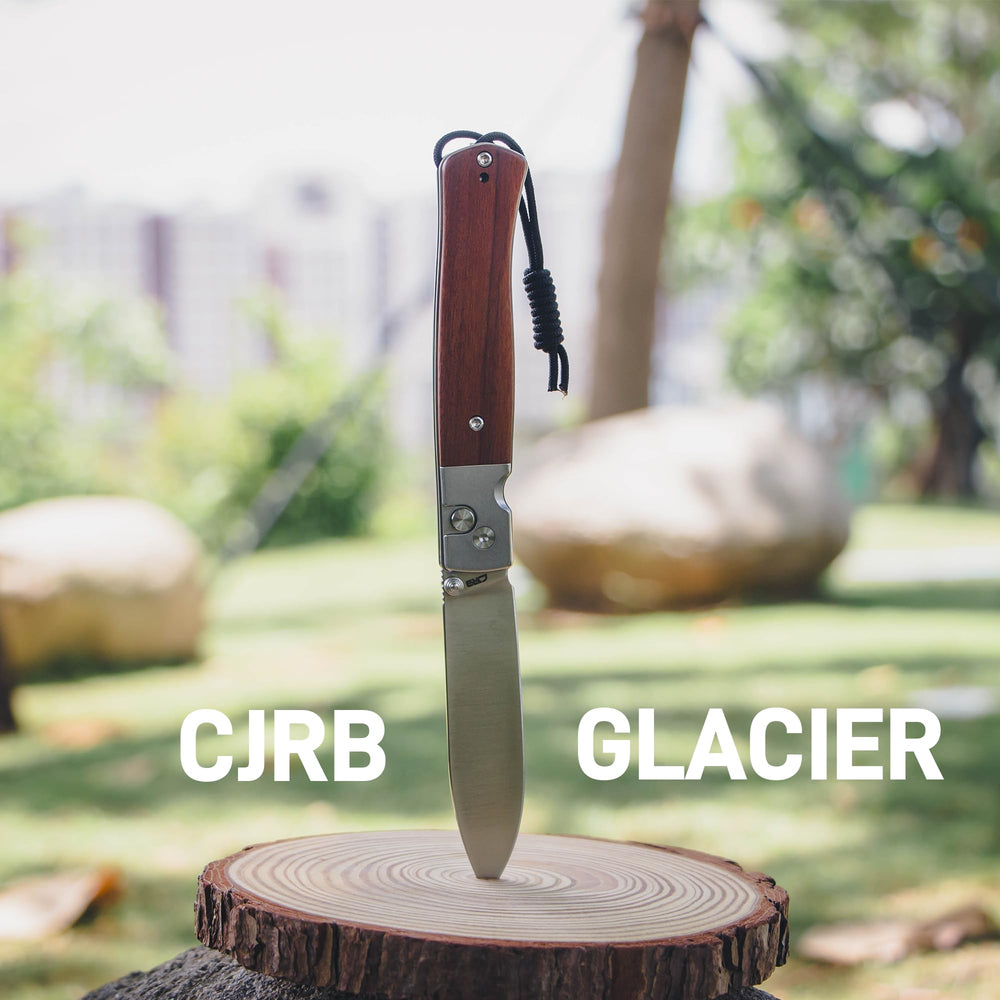 CJRB Glacier Button Lock Knife Smooth Steel + Wood Handle (3.54'' Sand polish AR-RPM9 Blade) J1961-WD