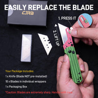 CJRB Boxer Button Lock Knife Green G10 Handle (2.3'' Stone Wash Steel Blade) J1967-WM, with 10 pcs blades