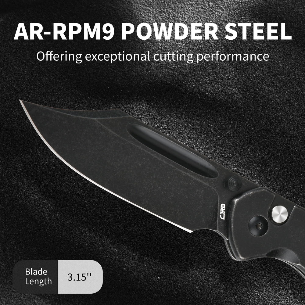 CJRB Bowie Pyrite J1942 AR-RPM9 Steel Blade Stone Wash Steel Handle Folding Knives, Black