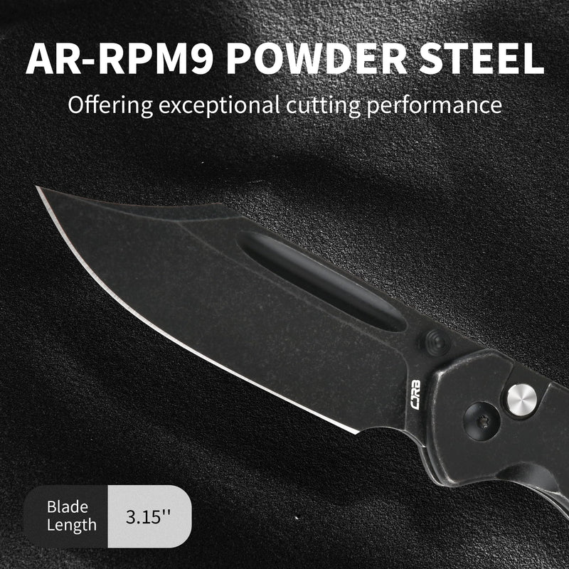 CJRB Bowie Pyrite J1942 AR-RPM9 Steel Blade Stone Wash Steel Handle Folding Knives, Black