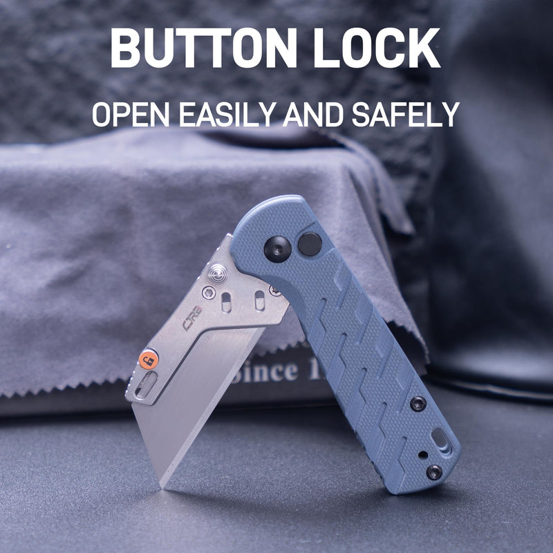 CJRB Boxer Button Lock Knife Blue G10 Handle (2.3'' Stone Wash Steel Blade) J1967-BU, with 10 pcs blades