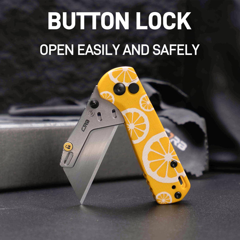 CJRB Boxer Button Lock Knife Yellow G10 Handle (2.3'' Stone Wash Steel Blade) J1967-LM, with 10 pcs blades