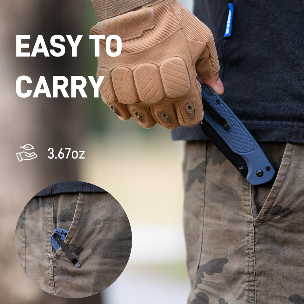 CJRB Large Pyrite-Light Button Lock with safety switch Knife Blue FRN Handle (3.7'' Black PVD Coating AR-RPM9 Blade) J1945L-BBU