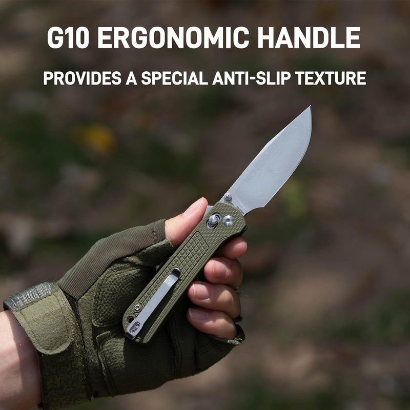 CJRB Bolt Thumbs Stud Recoil Lock Knife Green G10 Handle (3.25'' Stone Wash AR-RPM9 Blade) J1960-GN