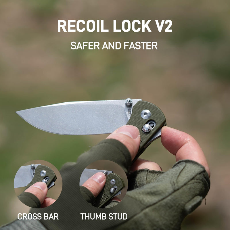 CJRB Bolt Thumbs Stud Recoil Lock Knife Green G10 Handle (3.25'' Stone Wash AR-RPM9 Blade) J1960-GN