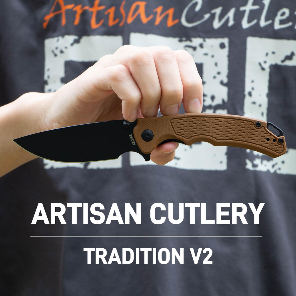 ArtisanCutlery Tradition V2 Liner Lock Knife Brown G10 Handle (3.58'' Black PVD Coating AR-RPM9 Blade) 1702M-BBN
