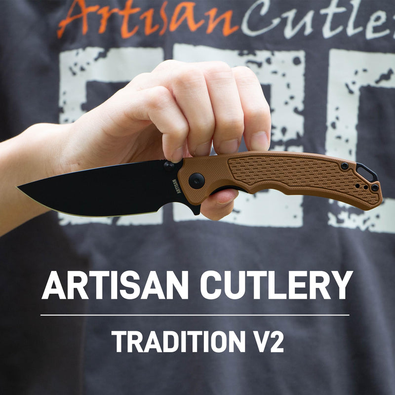 ArtisanCutlery Tradition V2 Liner Lock Knife Brown G10 Handle (3.58'' Black PVD Coating AR-RPM9 Blade) 1702M-BBN