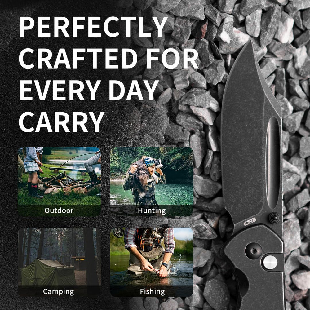 CJRB Bowie Pyrite J1942 AR-RPM9 Steel Blade Stone Wash Steel Handle Folding Knives, Black