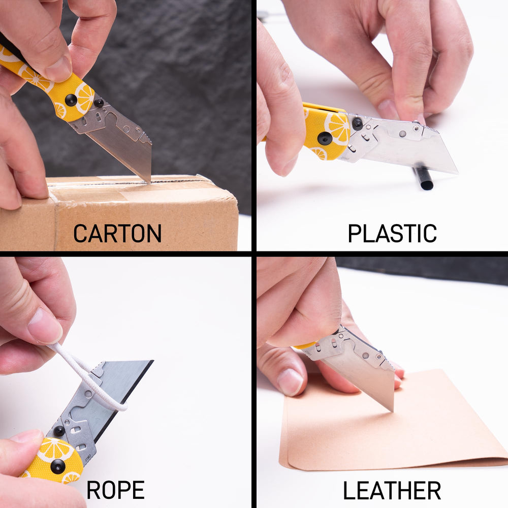 CJRB Boxer Button Lock Knife Yellow G10 Handle (2.3'' Stone Wash Steel Blade) J1967-LM, with 10 pcs blades