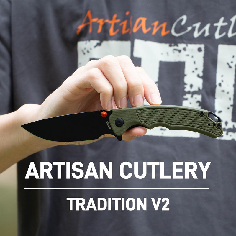 ArtisanCutlery Tradition V2 Liner Lock Knife Green G10 Handle (3.58'' Black PVD Coating AR-RPM9 Blade) 1702M-BGN