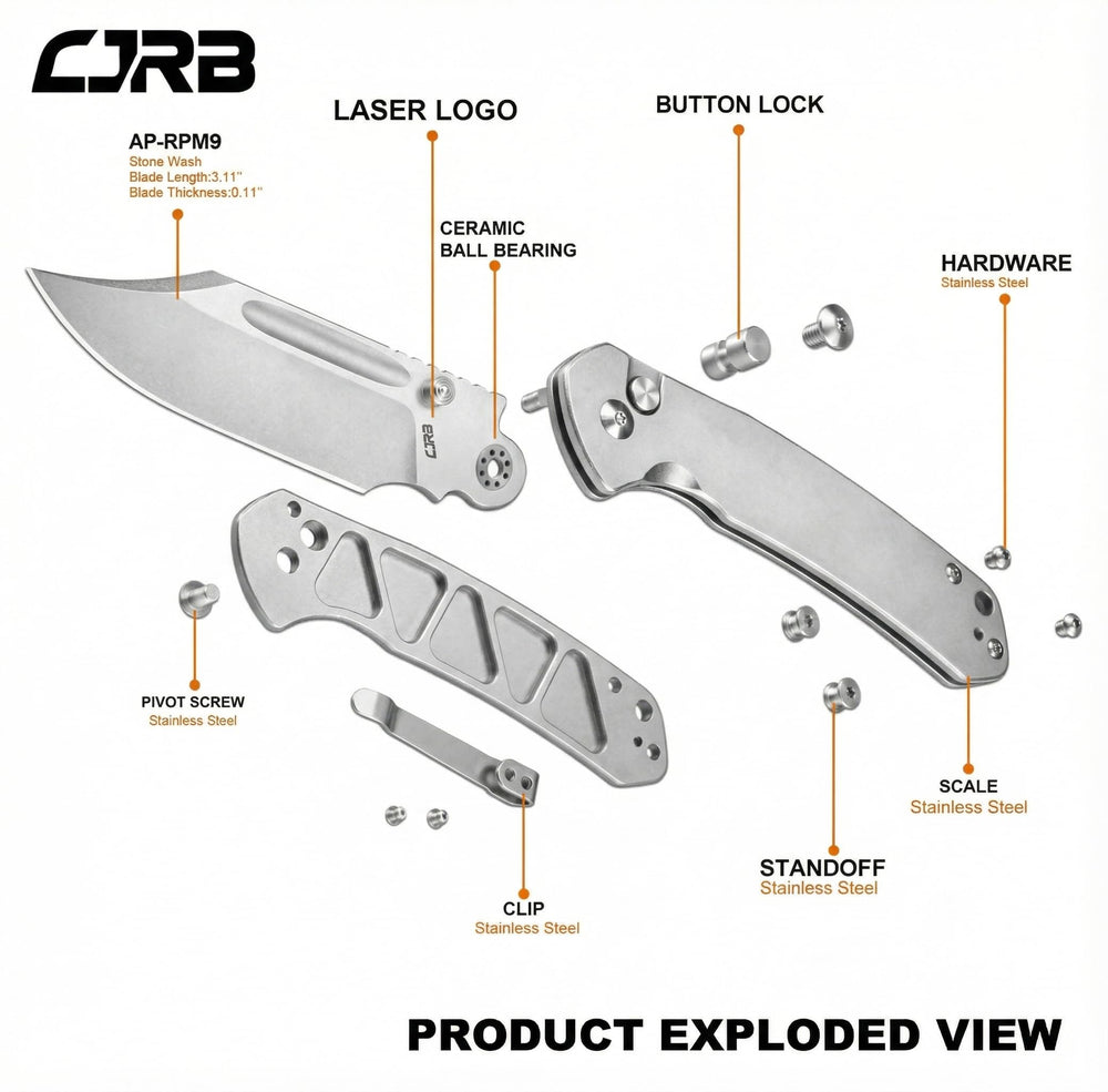 CJRB Bowie Pyrite J1942 AR-RPM9 Steel Blade Stone Wash Steel Handle Folding Knives