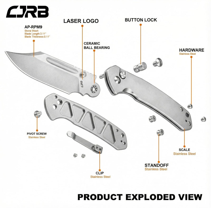 CJRB Bowie Pyrite J1942 AR-RPM9 Steel Blade Stone Wash Steel Handle Folding Knives