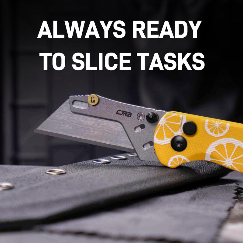 CJRB Boxer Button Lock Knife Yellow G10 Handle (2.3'' Stone Wash Steel Blade) J1967-LM, with 10 pcs blades