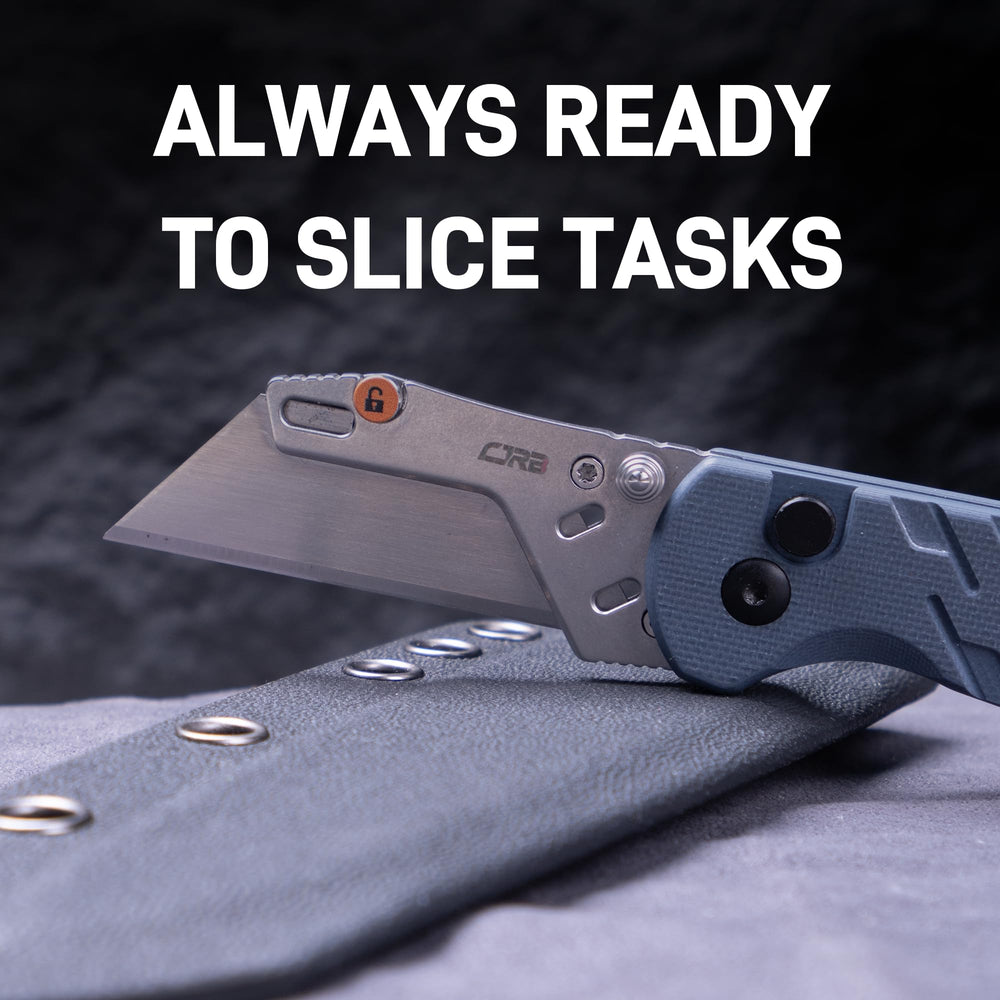 CJRB Boxer Button Lock Knife Blue G10 Handle (2.3'' Stone Wash Steel Blade) J1967-BU, with 10 pcs blades