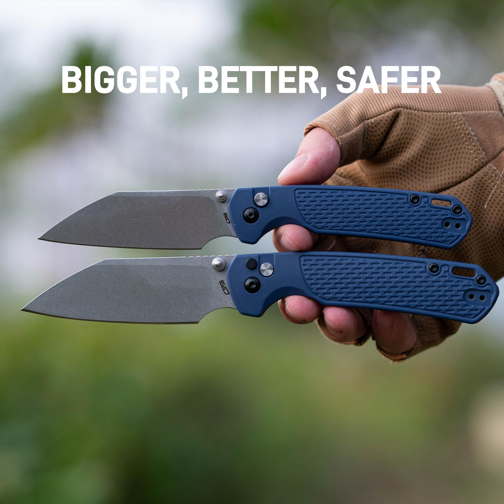 CJRB Large Pyrite-Light Button Lock with safety switch Knife FRN Handle (3.7'' Stonewash CPM S90V Blade) J1945LG-BU