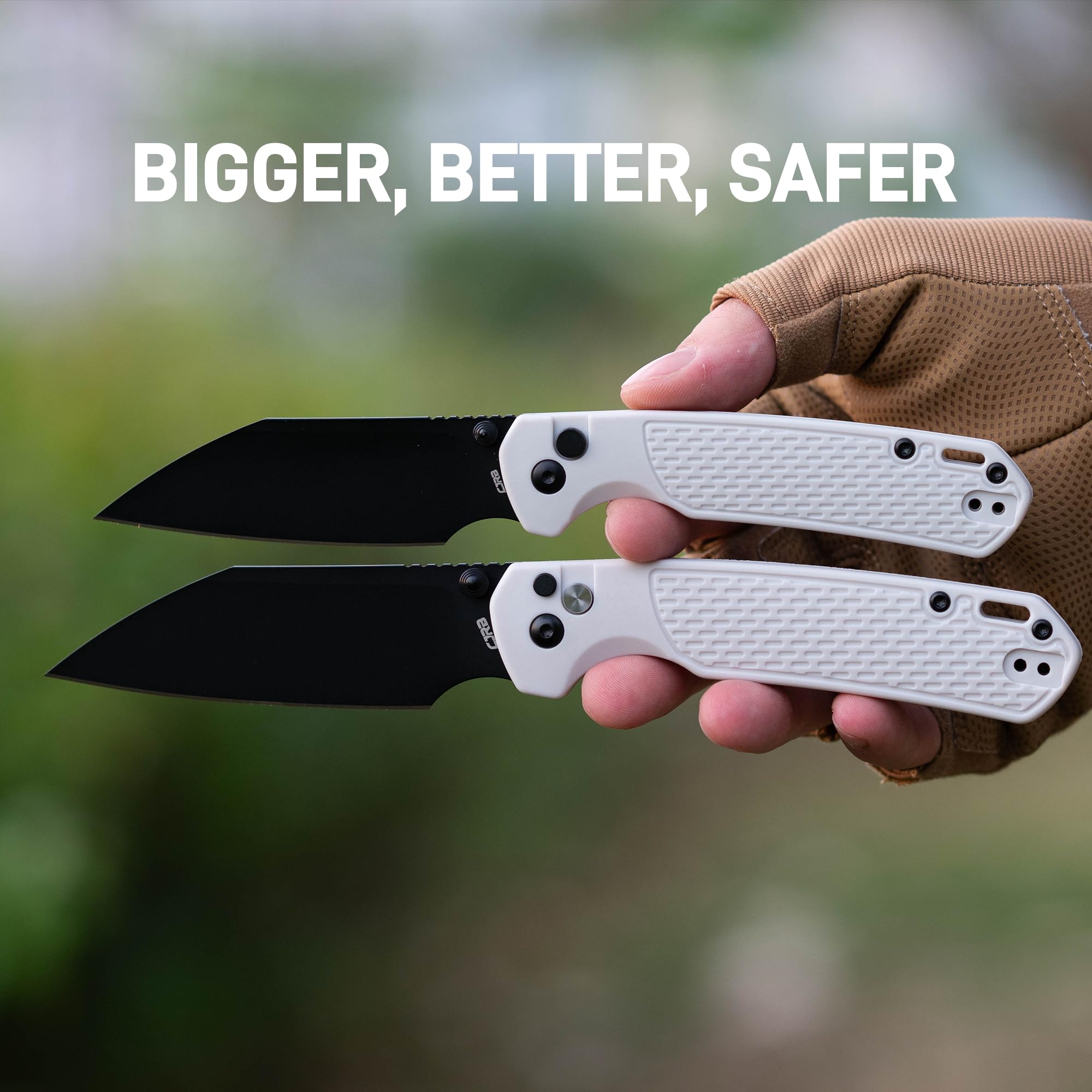 CJRB Large Pyrite-Light Button Lock with safety switch Knife White FRN Handle (3.7'' Black PVD Coating AR-RPM9 Blade) J1945L-BGY