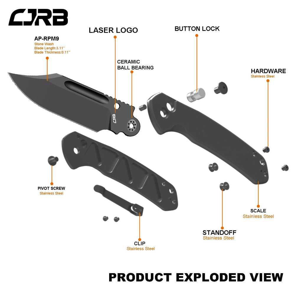 CJRB Bowie Pyrite J1942 AR-RPM9 Steel Blade Stone Wash Steel Handle Folding Knives, Black