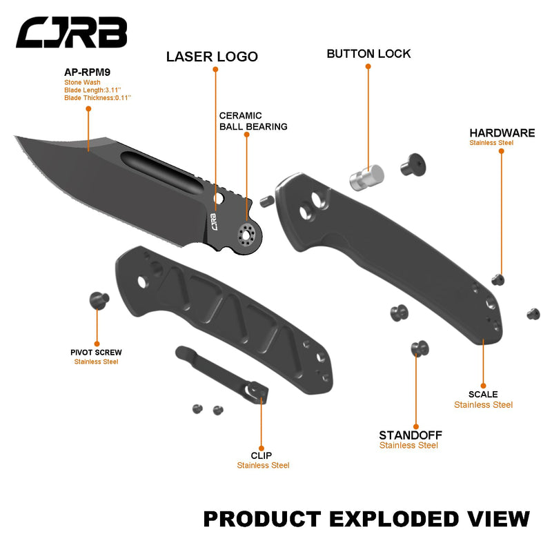 CJRB Bowie Pyrite J1942 AR-RPM9 Steel Blade Stone Wash Steel Handle Folding Knives, Black