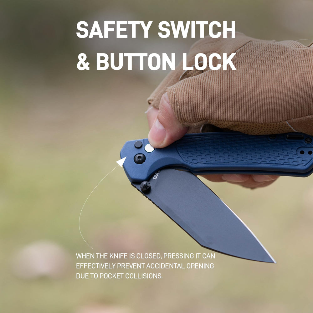 CJRB Large Pyrite-Light Button Lock with safety switch Knife Blue FRN Handle (3.7'' Black PVD Coating AR-RPM9 Blade) J1945L-BBU