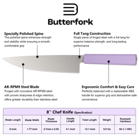 Butterfork Purest 8” Chef's Knife, AR-RPM9 Stainless Steel, Replaceable ABS Handle, Mist Violet