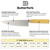 Butterfork Purest 8” Chef's Knife, AR-RPM9 Stainless Steel, Replaceable ABS Handle, Pale Yellow