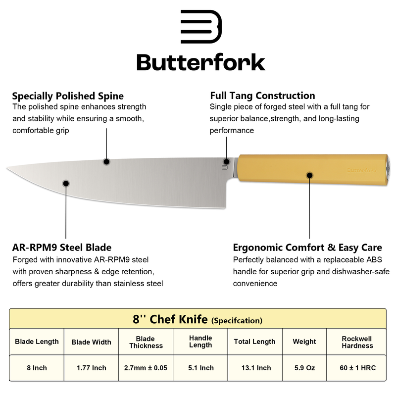 Butterfork Purest 8” Chef's Knife, AR-RPM9 Stainless Steel, Replaceable ABS Handle, Pale Yellow