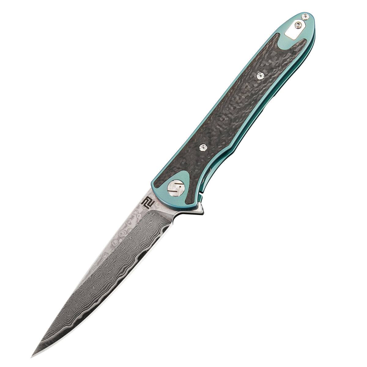 Artisan Cutlery Shark ATZ-1707GD Damascus Blade Titanium TC4 Handle Folding Knives