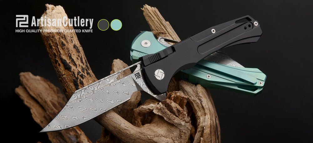 Artisan Cutlery Blowback ATZ-1822GD Damascus Blade Titanium Handle Folding Knives