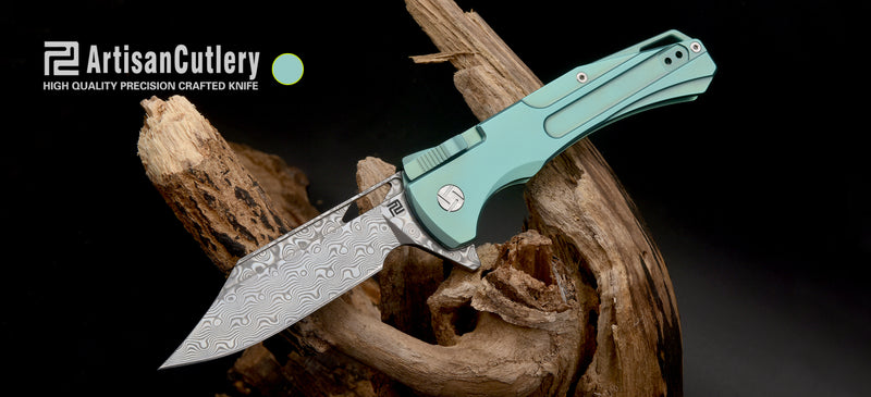 Artisan Cutlery Blowback ATZ-1822GD Damascus Blade Titanium Handle Folding Knives