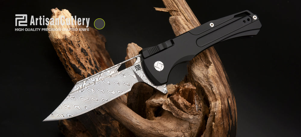 Artisan Cutlery Blowback ATZ-1822GD Damascus Blade Titanium Handle Folding Knives