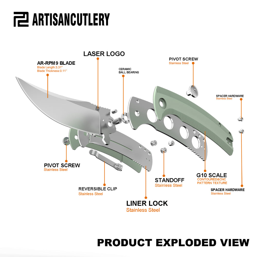 Artisan Cutlery Arroyo ATZ-1845P AR-RPM9 Steel Blade G10 Handle Folding Knives