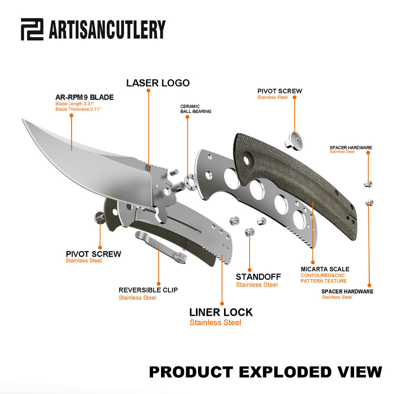 Artisan Cutlery Arroyo ATZ-1845P AR-RPM9 Steel Blade Micarta Handle Folding Knives