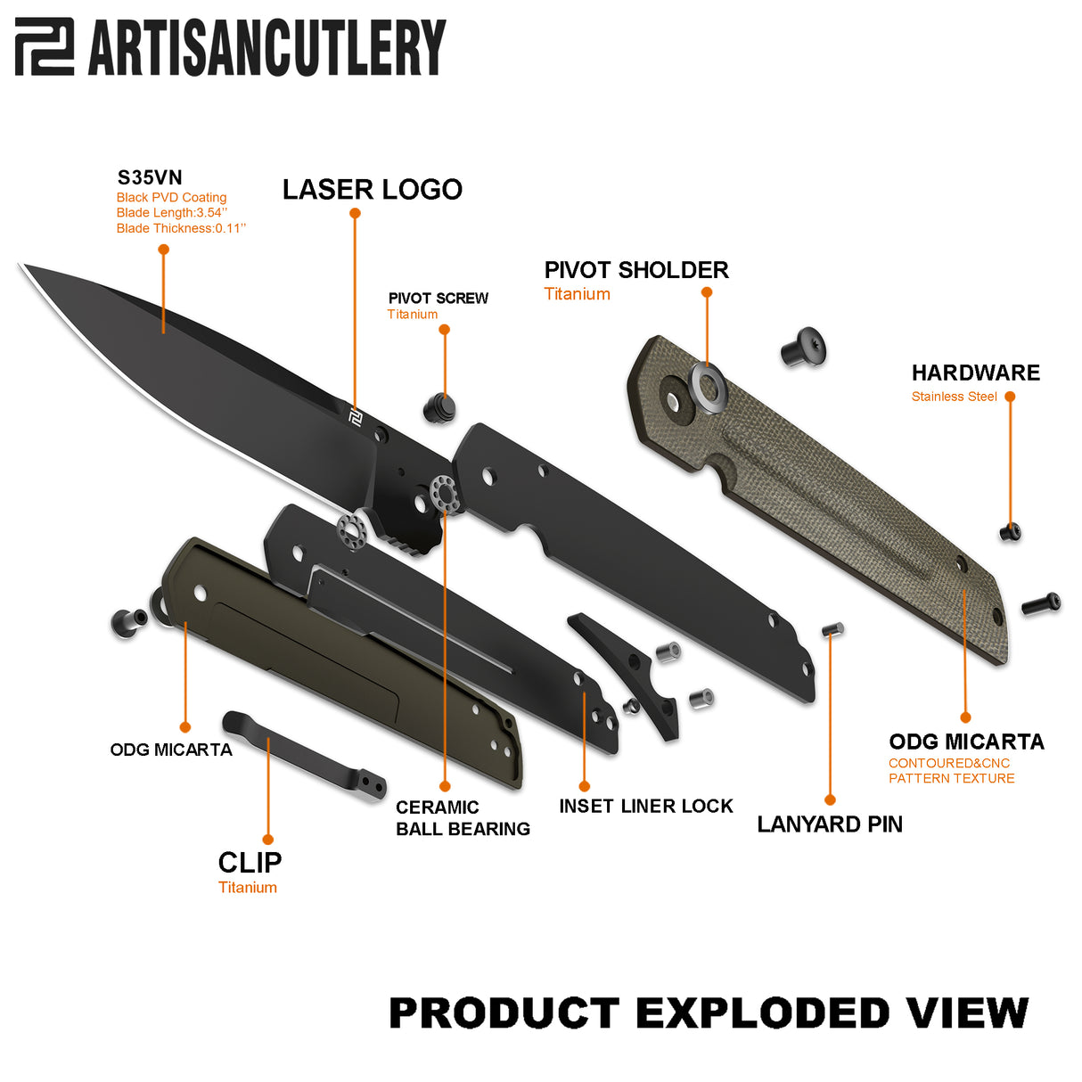 Artisan Cutlery Sirius 1849P-BODG S35VN Black PVD Coated Blade Micarta Handle Folding Knives