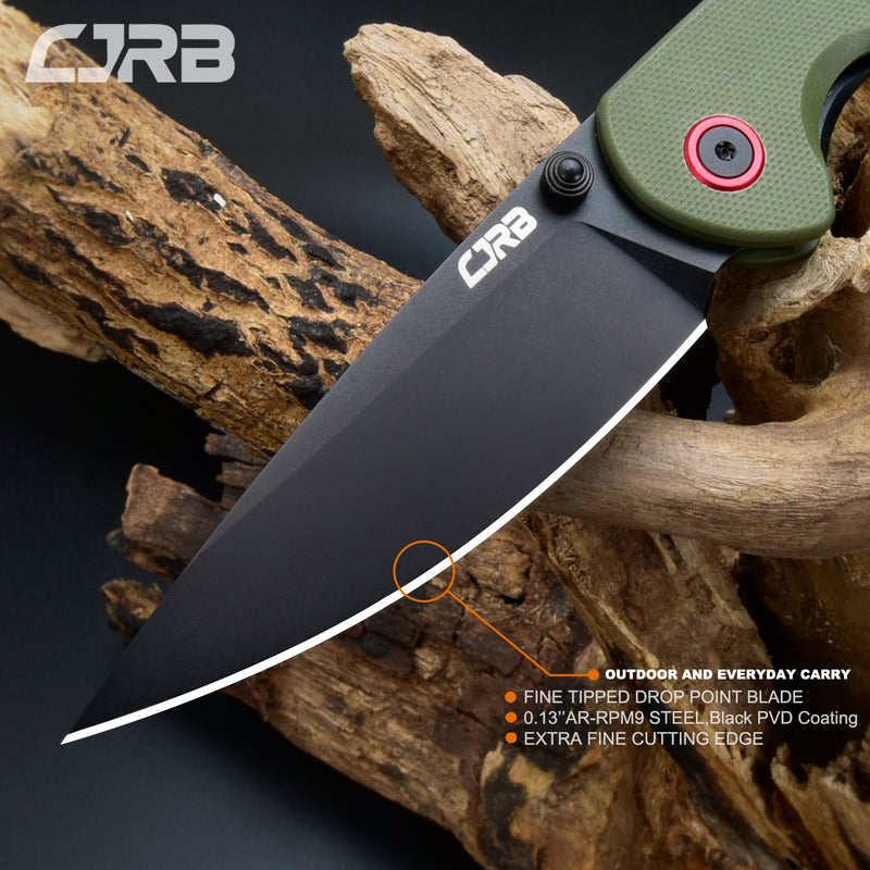CJRB Feldspar J1912 AR-RPM9 Steel Black PVD Coated Blade G10 Handle Folding Knives - Green (J1912-BGN)