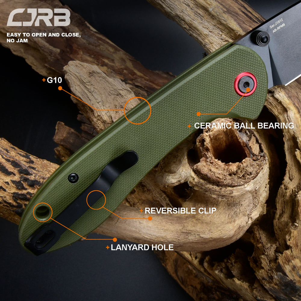 CJRB Feldspar J1912 AR-RPM9 Steel Black PVD Coated Blade G10 Handle Folding Knives - Green (J1912-BGN)