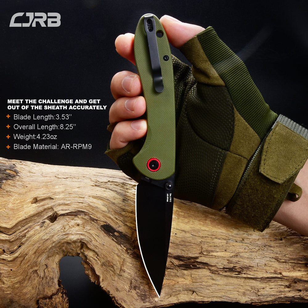 CJRB Feldspar J1912 AR-RPM9 Steel Black PVD Coated Blade G10 Handle Folding Knives - Green (J1912-BGN)