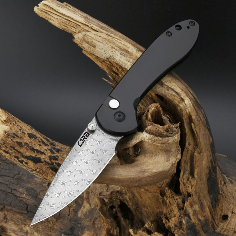 CJRB FELDSPAR J1912 DAMASCUS BLADE STEEL HANDLE BUTTON LOCK FOLDING KNIVES