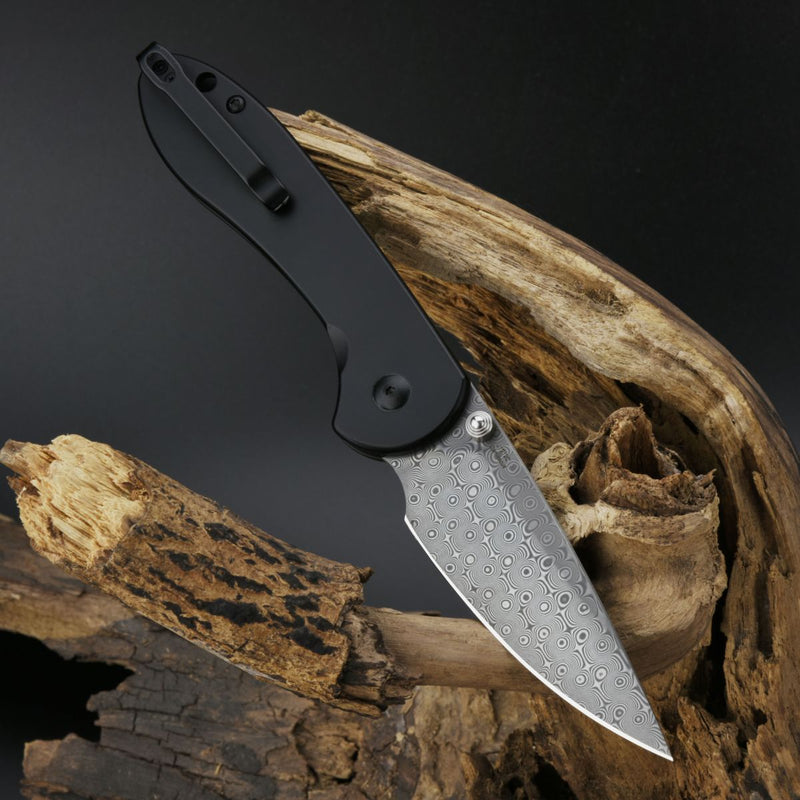 CJRB FELDSPAR J1912 DAMASCUS BLADE STEEL HANDLE BUTTON LOCK FOLDING KNIVES