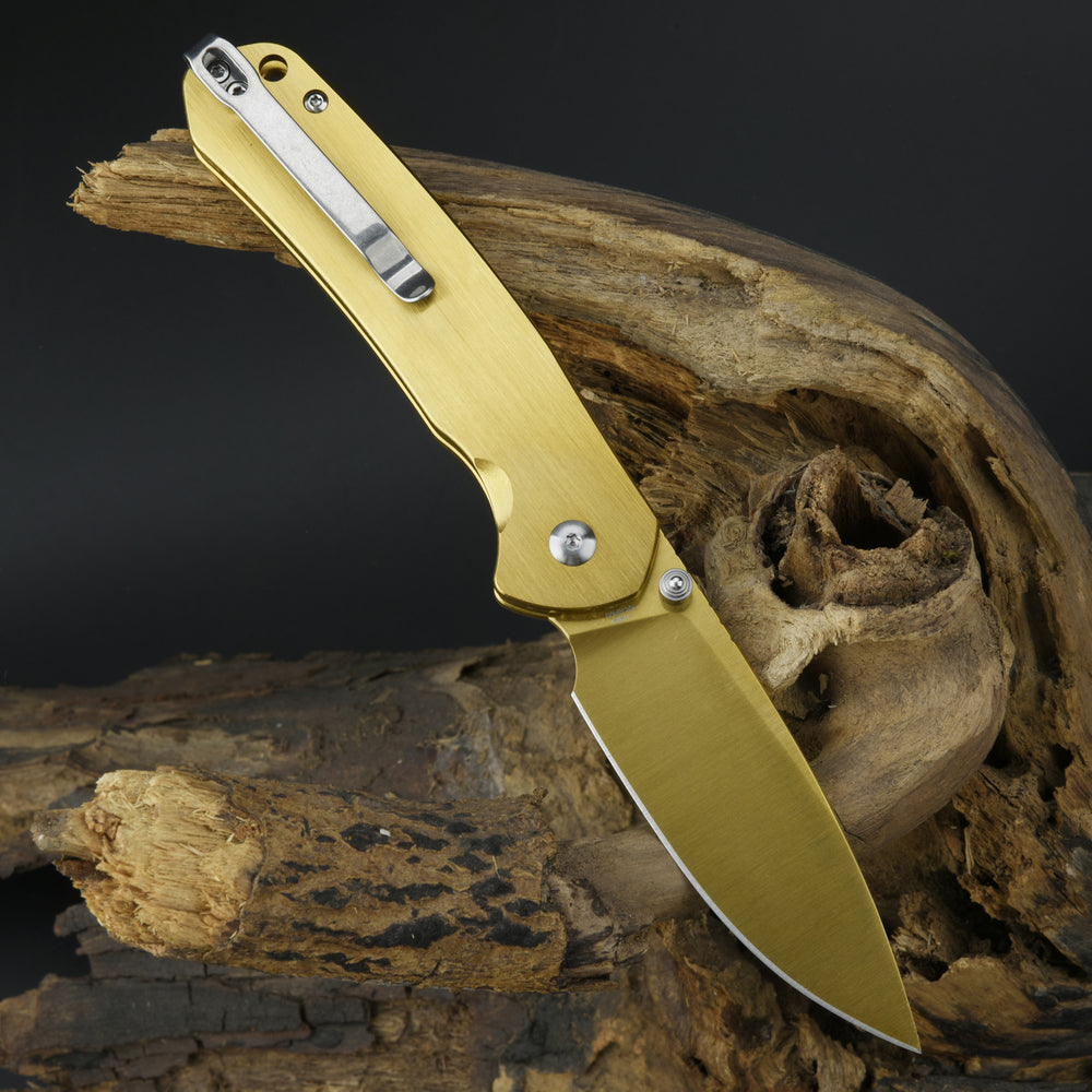 CJRB Pyrite J1925 AR-RPM9 Steel Blade Steel Handle Folding Knives Brass Color